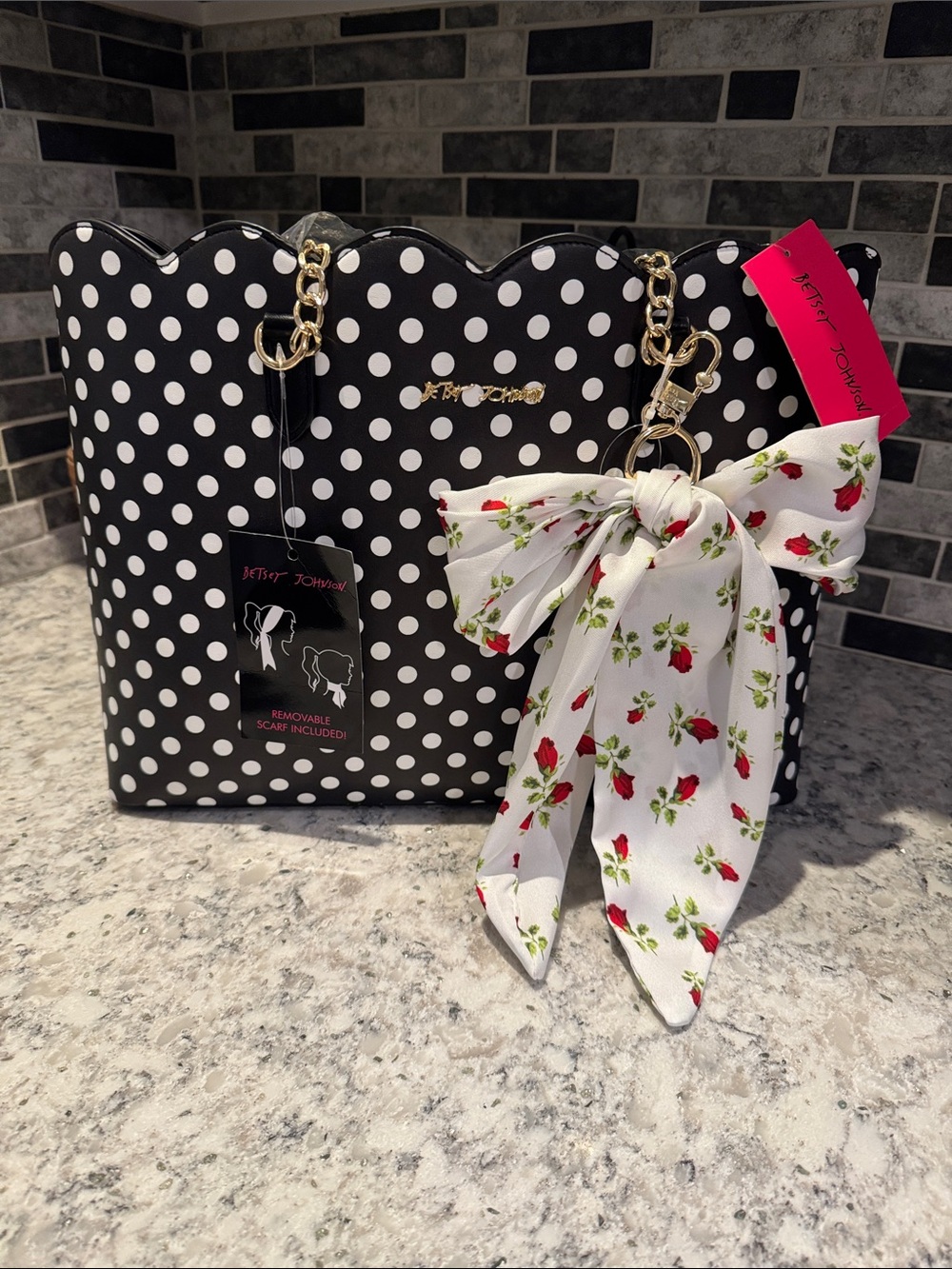 Betsey Johnson Black & White Polka Dot Scalloped Tote with Floral Scarf